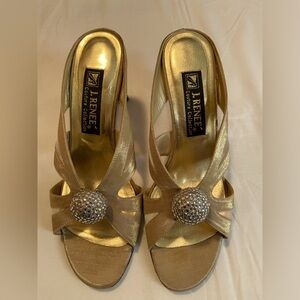 J Renee Couture Collection Gold Mule Heels w/ Crystal Ball Women’s Sz 8.5